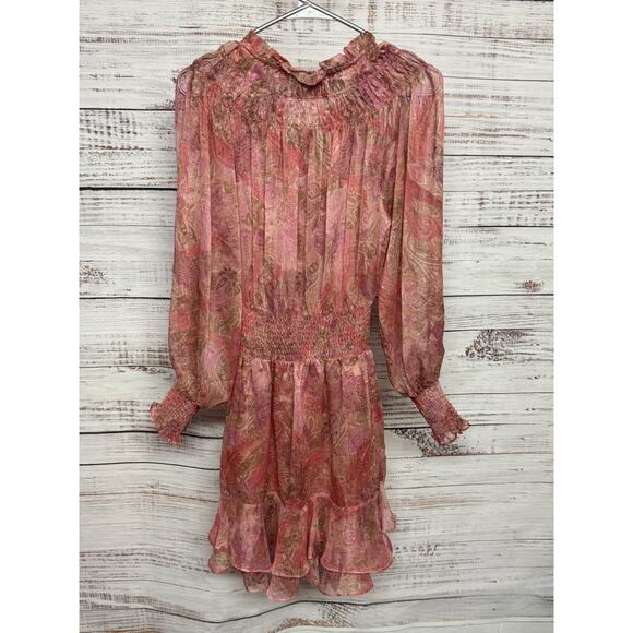 MISA Solange Chiffon Mini Dress XS Romantic Rose Python Ruffle Long Sleeve - Picture 8 of 10